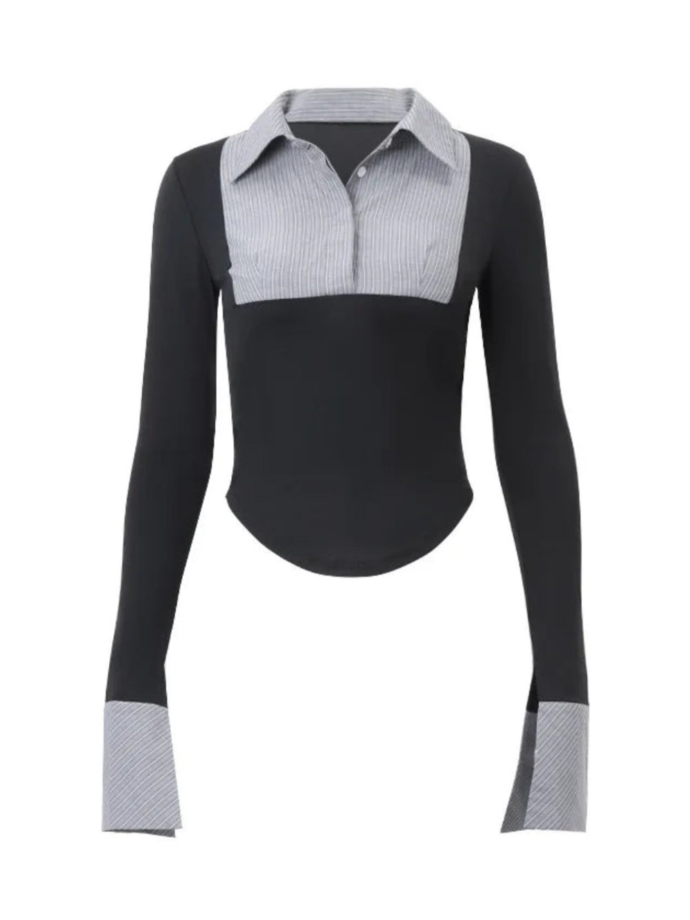 Long Sleeve Black Top with Gray Stripe Collar and Cuffs